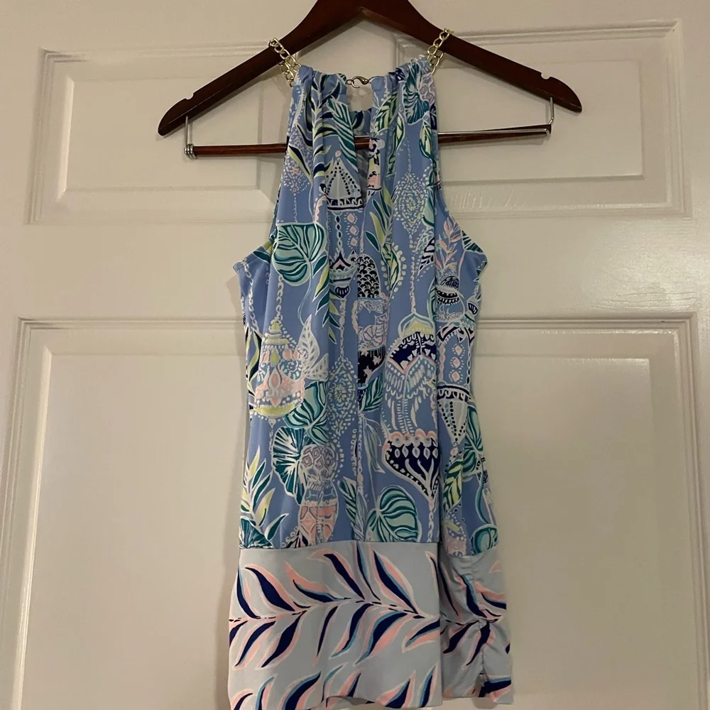Lilly Pulitzer Blue and Green Patterned Halter Top with chain detail Sz XS - Picture 6 of 7